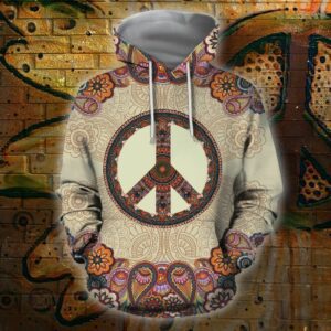 Hippie Apparel Peace Symbol Mandala Flowers Brown Grey Hoodie Adult Unisex 2023