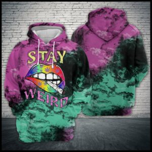 Hippie Hoodie Stay Weird Smoking Lips Purple Blue Smoke Hoodie Apparel Colorful Unisex 2023